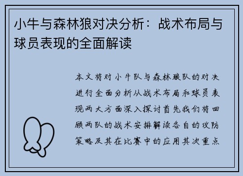 小牛与森林狼对决分析：战术布局与球员表现的全面解读